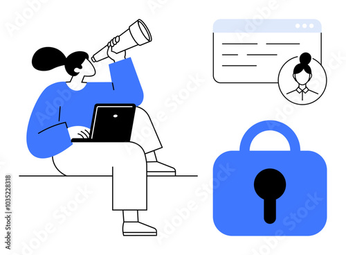 Woman looks through a telescope while using a laptop. Nearby are a web profile window and a large lock symbol. Ideal for online privacy, cybersecurity, user authentication, digital identity, data photo