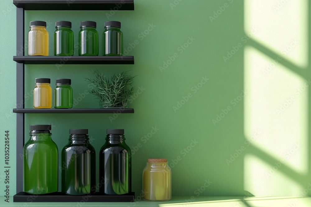 Minimalist shelf filled with green and yellow herbal medicine bottles symbolizing natural remedies wellness and simplicity in a clean organized space Minimalist shelf filled with green and yellow herbal medicine bottles symbolizing natural remedies wellness and simplicity in a clean organized space