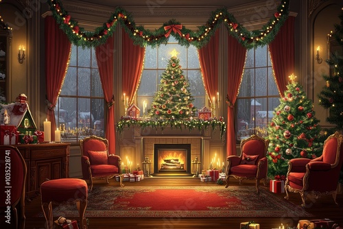 Christmas room background, front view,much more closeup, a Christmas tree in the middle of the living room with a fireplace and window decorated with generative ai