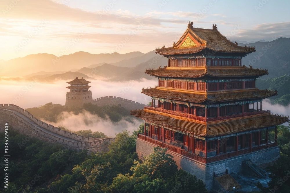 A Chinese-style building, located on the top of Mountains in China, with floors and golden roofs, during a beautiful sunset, surrounded by sea of clouds A Chinese-style building, located on the top of Mountains in China, with floors and golden roofs, during a beautiful sunset, surrounded by sea of clouds