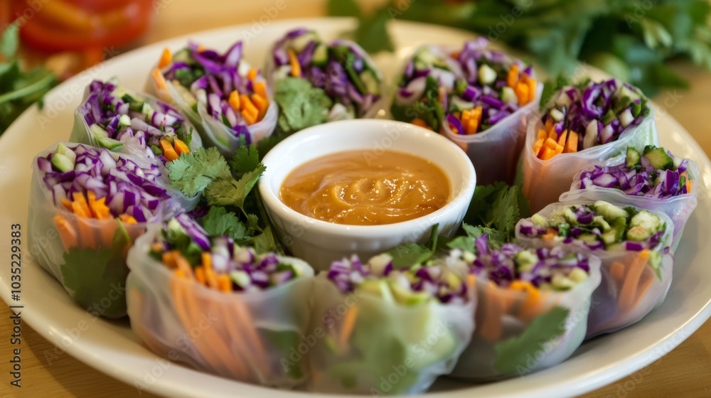 A colorful array of vegetable spring rolls with a side of peanut dipping sauce, arranged on a white plate, Spring rolls centered A colorful array of vegetable spring rolls with a side of peanut dipping sauce, arranged on a white plate, Spring rolls centered