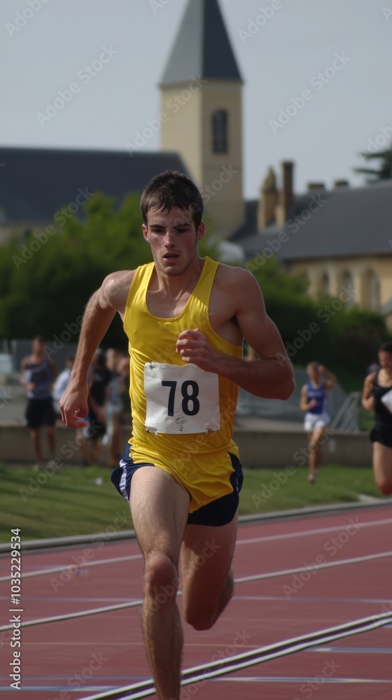 Fototapeta premium Young athlete sprints towards victory on a sunny track in a competitive race