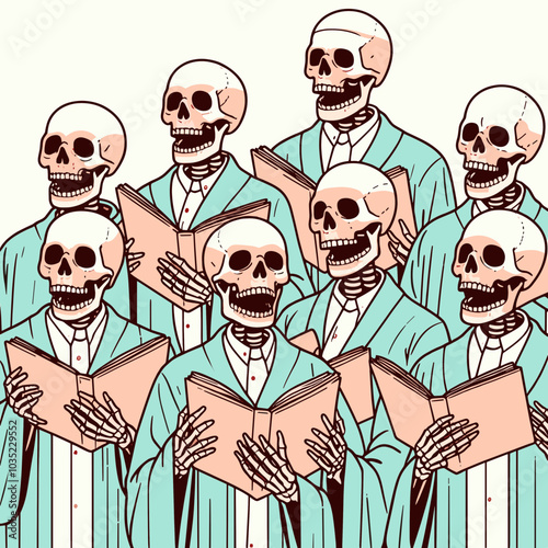 A whimsical illustration of skeletons in choir robes, joyfully holding books, creating a humorous and lively atmosphere.