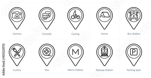 A set of 10 Location Pointer icons as camera, comedy, cycling