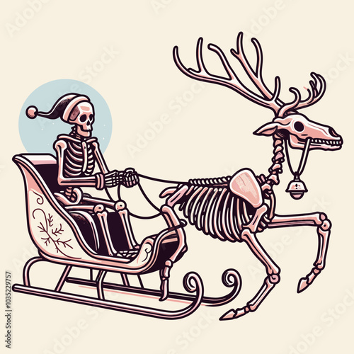 A whimsical illustration of a skeleton wearing a Santa hat, riding a skeletal reindeer in a sleigh against a light background.