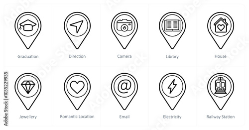 A set of 10 Location Pointer icons as graduation, direction, camera