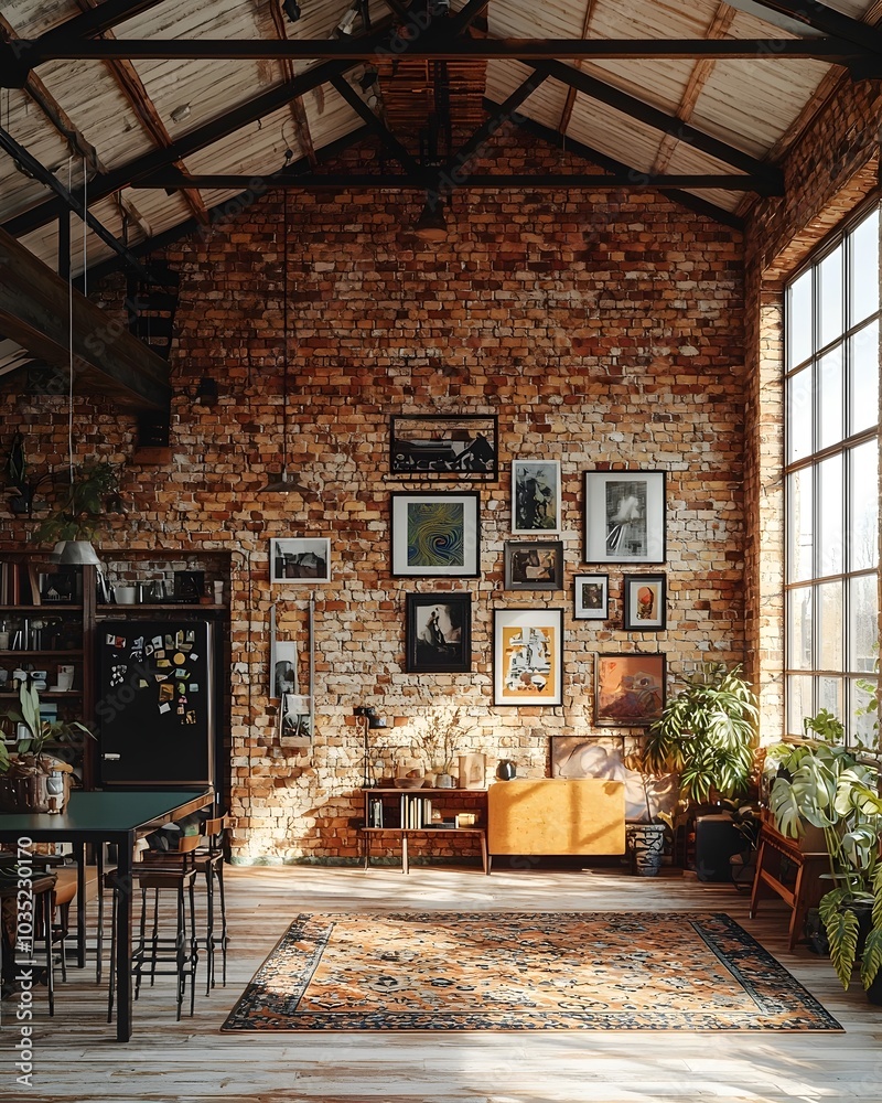 A rustic living room with exposed brick walls, wooden beams, and a large window. A rustic living room with exposed brick walls, wooden beams, and a large window.