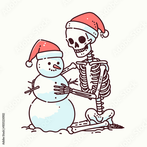 A playful skeleton in a Santa hat joyfully interacts with a snowman, blending Halloween and Christmas themes in a whimsical illustration.