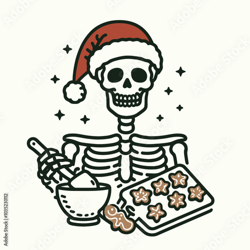 A festive skeleton in a Santa hat mixes dough for gingerbread cookies, blending Halloween and Christmas themes in a whimsical illustration.