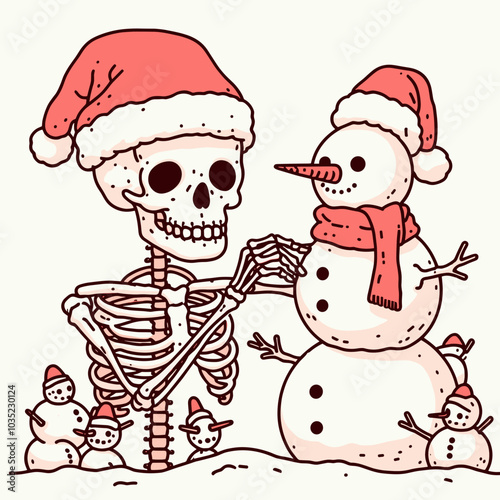 A whimsical illustration featuring a skeleton wearing a Santa hat, joyfully interacting with a snowman amid a snowy scene.