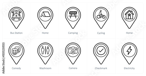 A set of 10 Location Pointer icons as bus station, home, barrier
