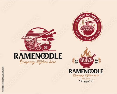 Set bundle Ramen noodle with Chopstick Asian food logo template for business