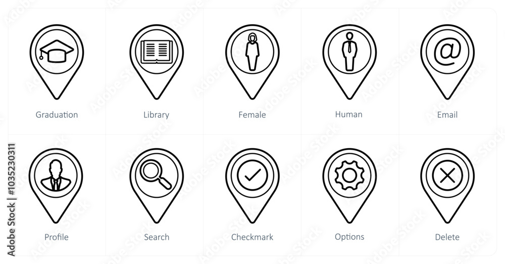 A set of 10 Location Pointer icons as graduation, library, female A set of 10 Location Pointer icons as graduation, library, female