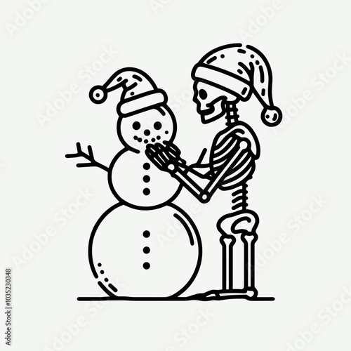 A cartoonish skeleton builds a snowman, both wearing festive hats, combining Halloween and Christmas themes in a whimsical, playful design.