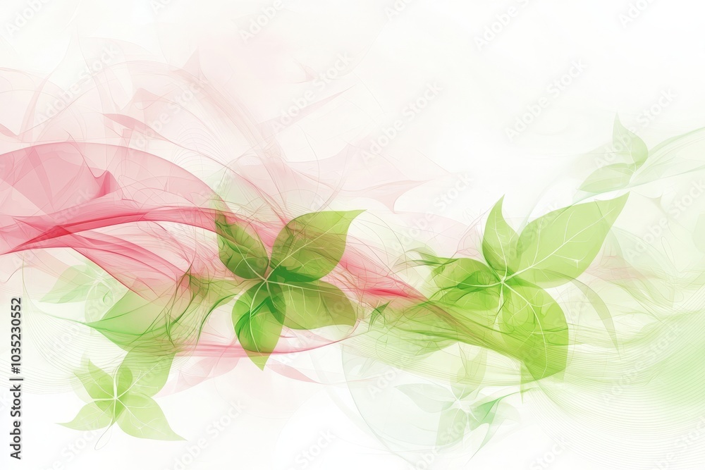 Delicate green leaves intertwined with wisps of soft pink in a serene abstract design Delicate green leaves intertwined with wisps of soft pink in a serene abstract design