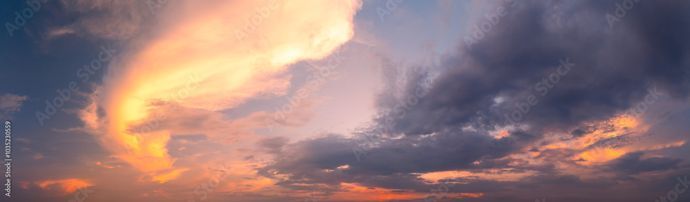 Horizon panorama and dramatic twilight sky and cloud sunset background. Natural sky background texture, beautiful color. Horizon panorama and dramatic twilight sky and cloud sunset background. Natural sky background texture, beautiful color.