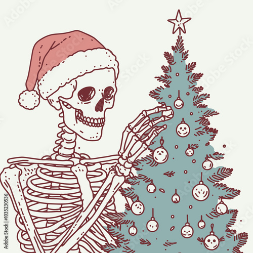 A whimsical skeleton in a Santa hat admires a colorful Christmas tree adorned with ornaments.