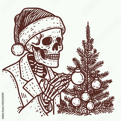 A whimsical illustration of a skeleton in a Santa hat, adorning a Christmas tree with ornaments, blending holiday cheer and dark humor.