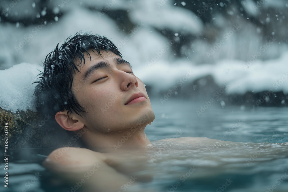 Generative AI: Relaxation in a serene winter resort hot spring Generative AI: Relaxation in a serene winter resort hot spring