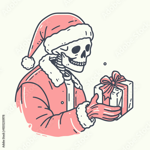 A festive skeleton dressed as Santa holds a gift, blending holiday cheer with a darkly humorous twist.