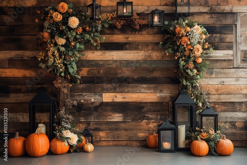 Cozy Rustic Fall Décor: Pumpkin and Lantern Display with Wooden Backdrop for Seasonal Charm