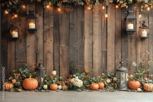 Cozy Rustic Fall Décor: Pumpkin and Lantern Display with Wooden Backdrop for Seasonal Charm