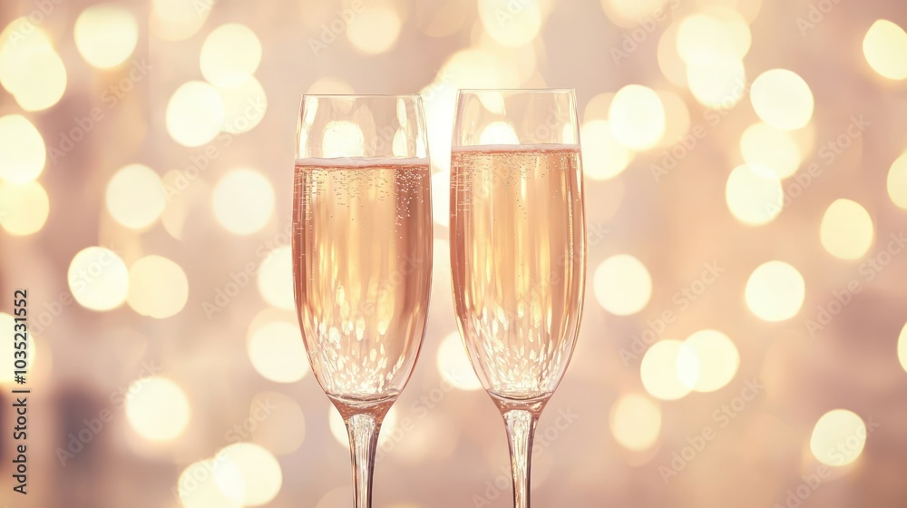 Festive and romantic New Year's Eve display with champagne glasses and decorative lights. Festive and romantic New Year's Eve display with champagne glasses and decorative lights.