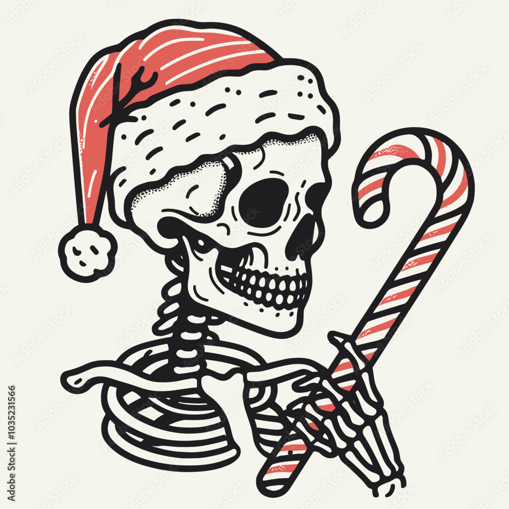A festive skeleton wearing a Santa hat holds a candy cane, blending Halloween and Christmas themes in a playful, quirky design. A festive skeleton wearing a Santa hat holds a candy cane, blending Halloween and Christmas themes in a playful, quirky design.