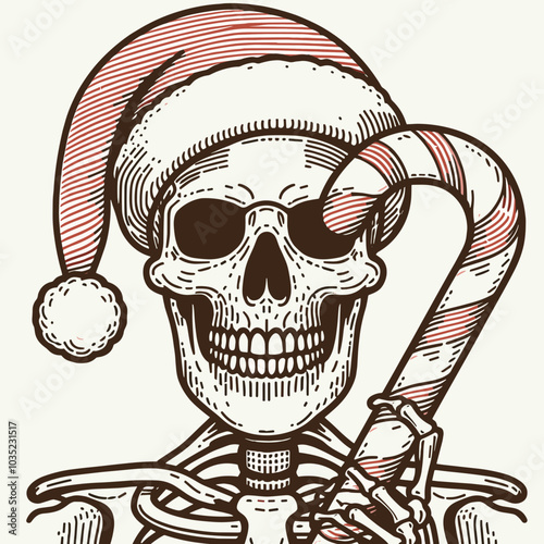 A festive skeleton wearing a Santa hat, holding a candy cane, blending Halloween and Christmas themes in a whimsical illustration.