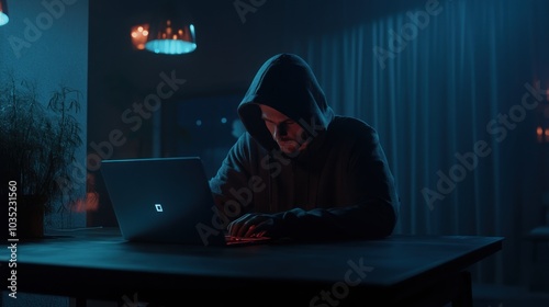Hooded Figure Working on Laptop in Dark Room