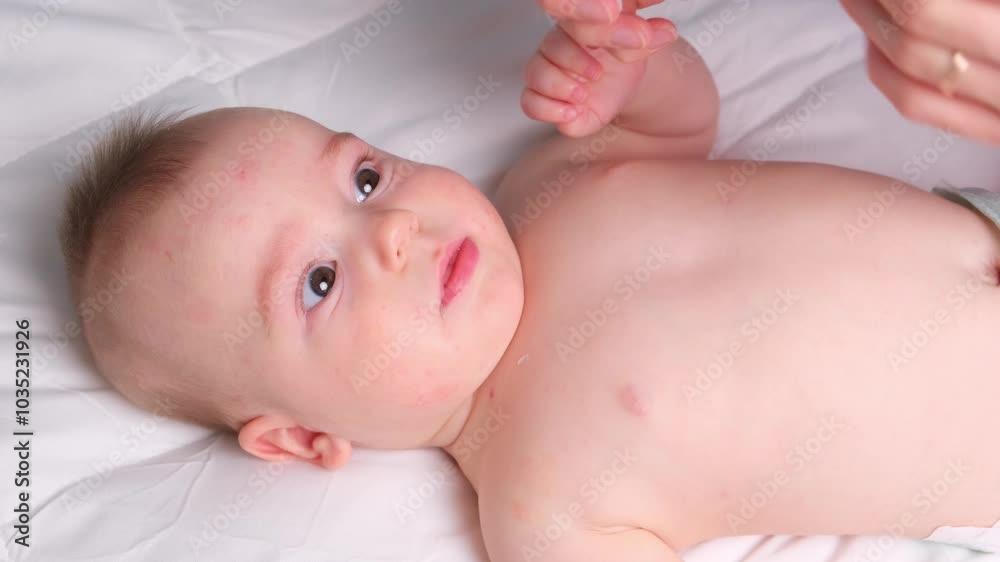 Top view Mother applying lubricates the child moisturizing baby cream lotions nourish against dry skin allergy. Concept of hygiene, baby care and healthcare Top view Mother applying lubricates the child moisturizing baby cream lotions nourish against dry skin allergy. Concept of hygiene, baby care and healthcare