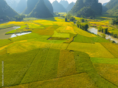 Aerial view of Phong Nam valley, Cao bang province, Vietnam with river, nature, rice fields, beautiful destination in Northern Vietnam photo