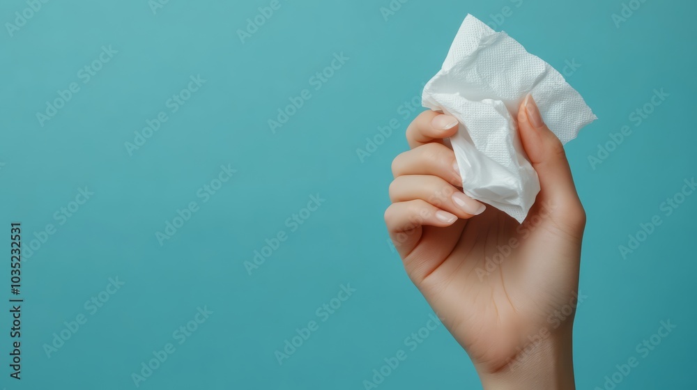 Fototapeta premium Hand Holding Crumpled Tissue on Blue Background – Cleanliness and Freshness.
