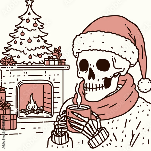 A playful illustration of a skeleton cozying up by a fireplace, wearing a Santa hat, and sipping a warm drink amidst Christmas decorations.