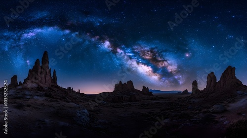 Silhouetted rock formations stand tall under a vibrant Milky Way.