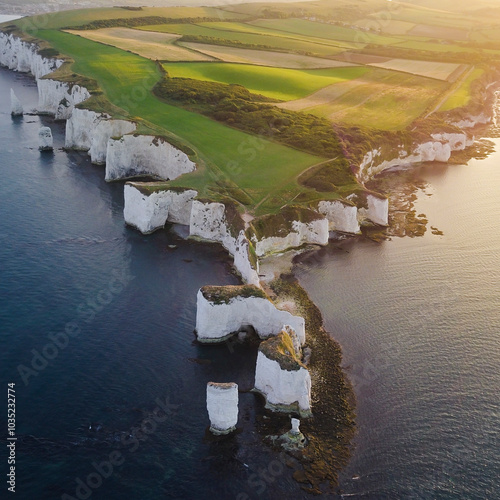 Aerial view of old harry rocks with beautiful cliffs and coastline at sunrise, Swanage, Dorset, United Kingdom. photo