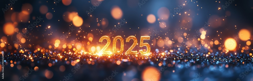 Glittering Golden 2025 Numbers with Sparkling Bokeh Lights – New Year Celebration Scene. Glittering Golden 2025 Numbers with Sparkling Bokeh Lights – New Year Celebration Scene.