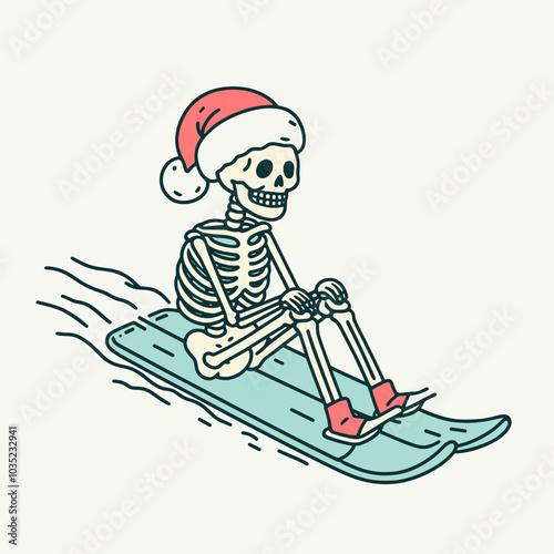 A cheerful skeleton in a Santa hat enjoys sledding down a hill, combining a festive holiday spirit with a playful, whimsical design.