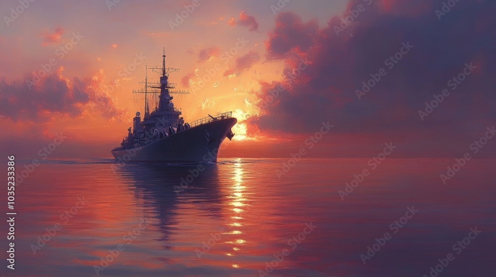 Warship Sailing into Sunset with Dramatic Sky and Ocean Reflection Warship Sailing into Sunset with Dramatic Sky and Ocean Reflection