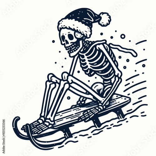 A whimsical skeleton in a Santa hat joyfully sleds down a hill, capturing the fun and spirit of winter festivities.