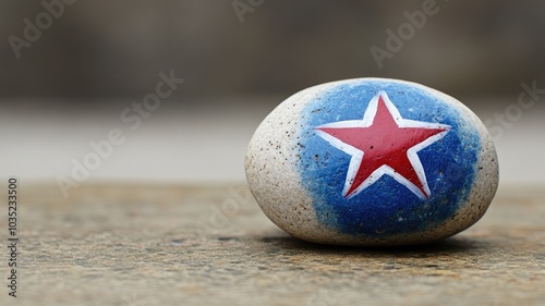 White stone with red star and blue background Rock on ground