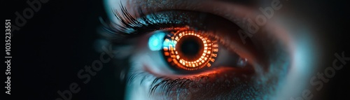 Close-up of an eye with futuristic glowing technology effects.