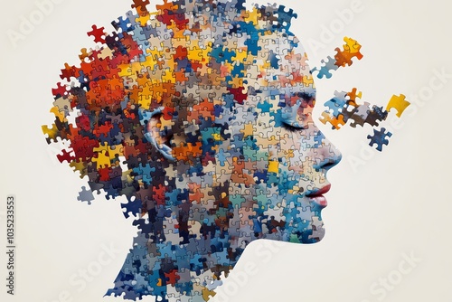 Human Head Made of Colorful Puzzle Pieces – Symbolic Mental Health and Psychology Concept