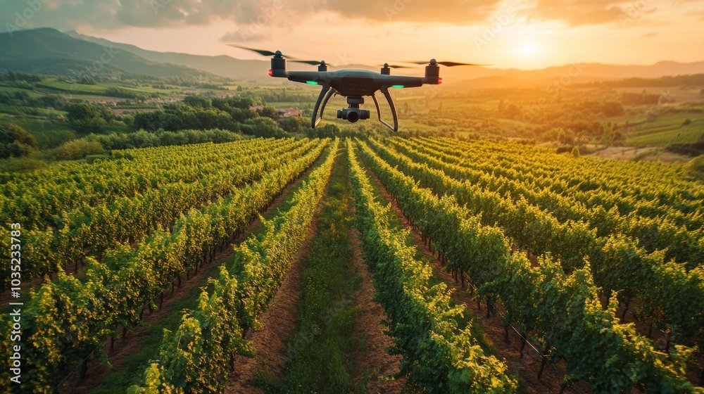 A drone hovers above rows of vibrant grapevines as the sun sets, casting a warm glow over the idyllic countryside, showcasing the beauty of agricultural technology in action. A drone hovers above rows of vibrant grapevines as the sun sets, casting a warm glow over the idyllic countryside, showcasing the beauty of agricultural technology in action.