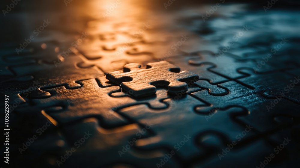 Close-up of incomplete puzzle with pieces missing, illuminated by warm light Close-up of incomplete puzzle with pieces missing, illuminated by warm light