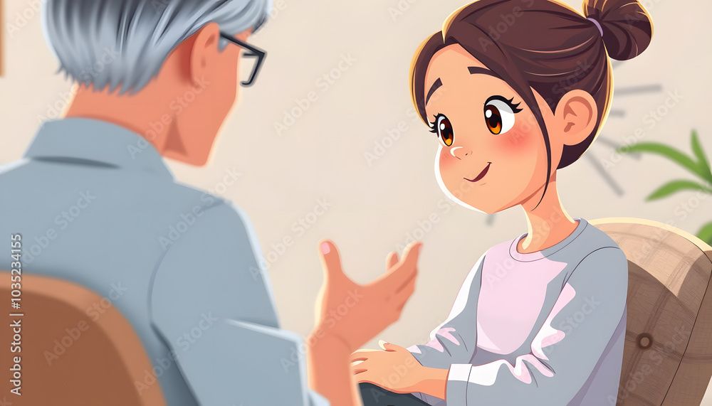 Close-up of young girl sitting on chair and talking to psychologist isolated with white highlights, png Close-up of young girl sitting on chair and talking to psychologist isolated with white highlights, png