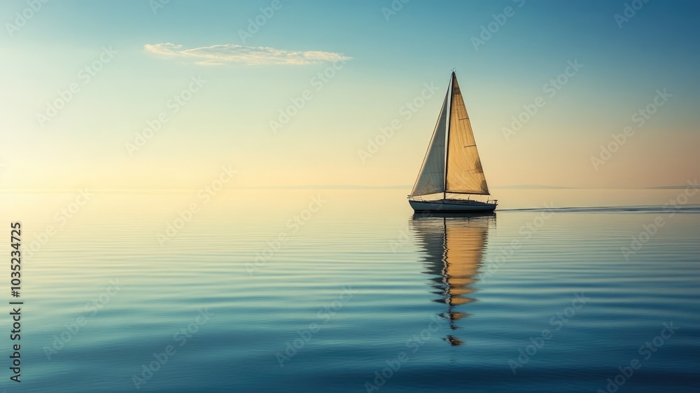 Lone sailboat on calm waters at sunset with serene reflections Lone sailboat on calm waters at sunset with serene reflections