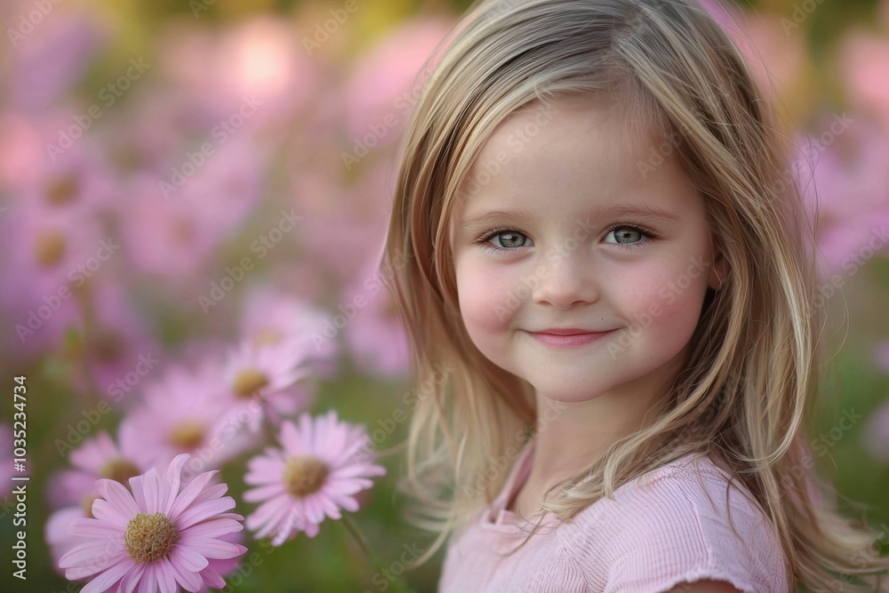A joyful girl smiles amidst a sea of delicate pink daisies in a sunlit garden A joyful girl smiles amidst a sea of delicate pink daisies in a sunlit garden