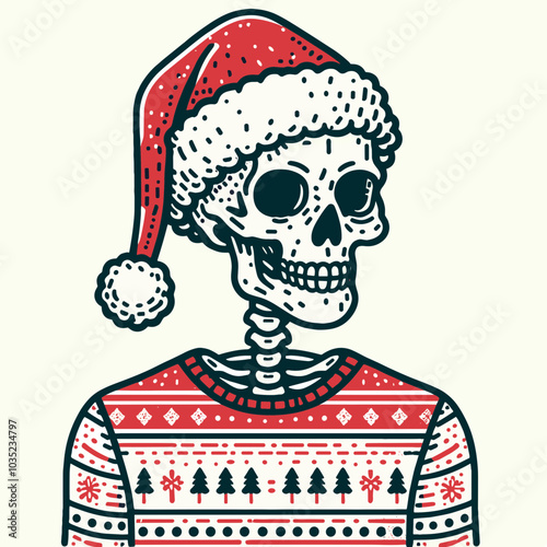 A festive skeleton wearing a Santa hat and a Christmas sweater, blending holiday cheer with a quirky, humorous twist.