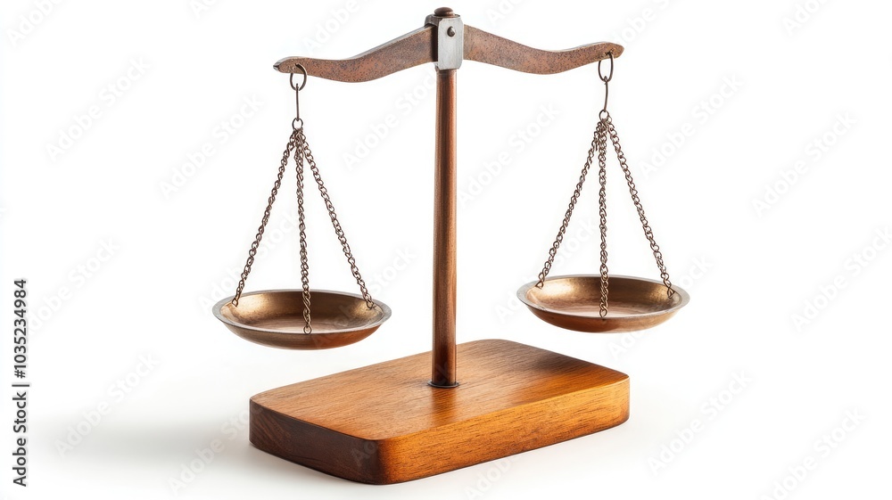 Balanced wooden beam scale symbolizes justice and equality Balanced wooden beam scale symbolizes justice and equality